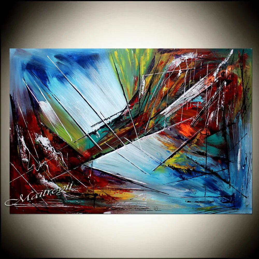 A vibrant modern abstract painting with bold colors and dynamic lines, representing modern abstract paintings.