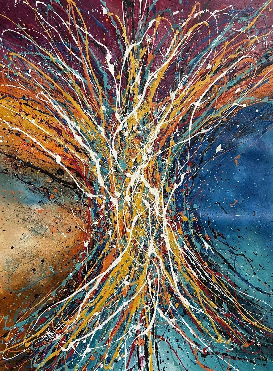 Vintage Beauty 163 – close-up of Jackson Pollock style drip painting showing layered paint technique by Maitreyii Kumari