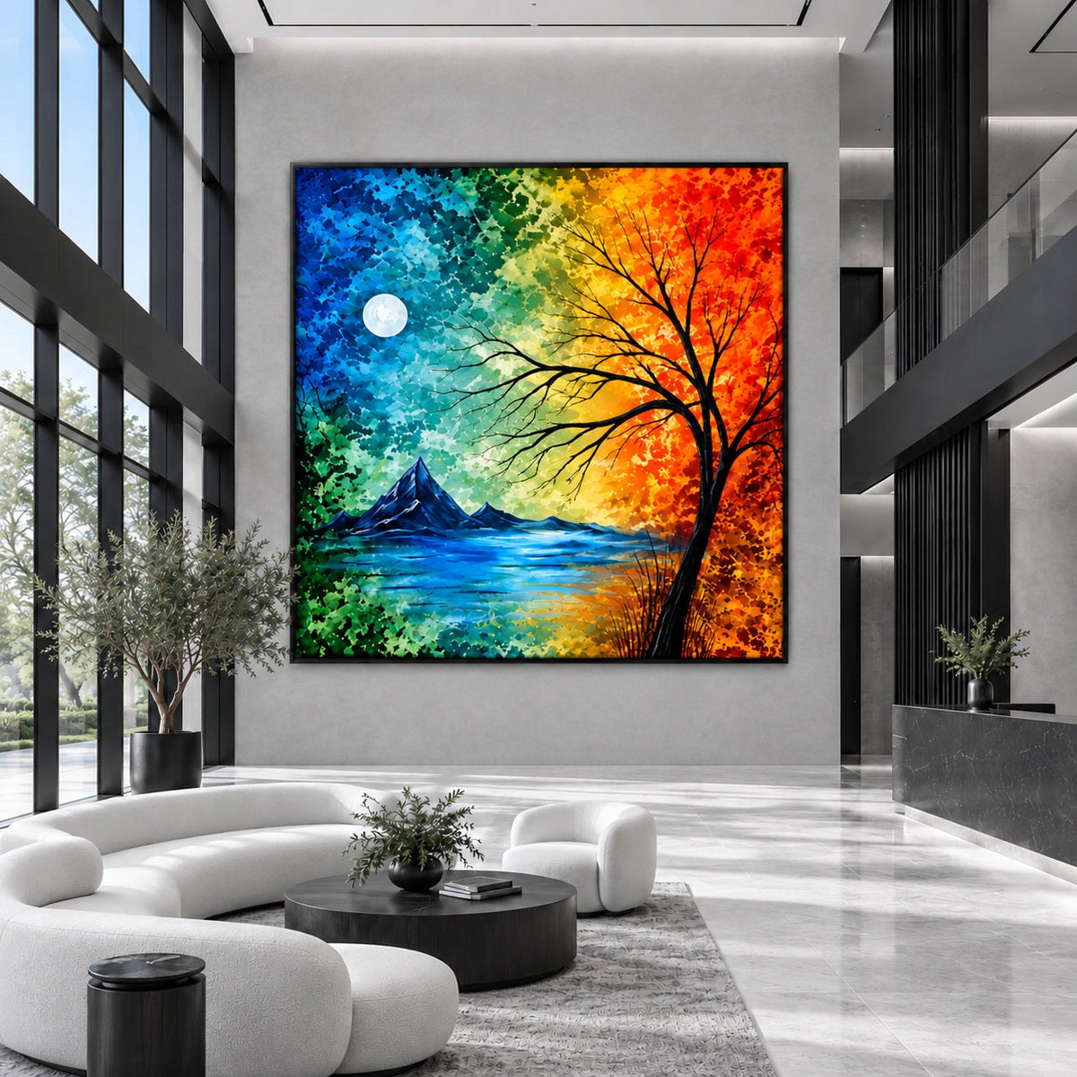 Colorful square tree-and-lake painting on a double-height gray wall in a modern lobby with white seating.