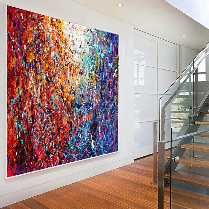 Large abstract wall art – Jackson Pollock style multicolour drip painting in luxury hallway – LargeModernArt.com