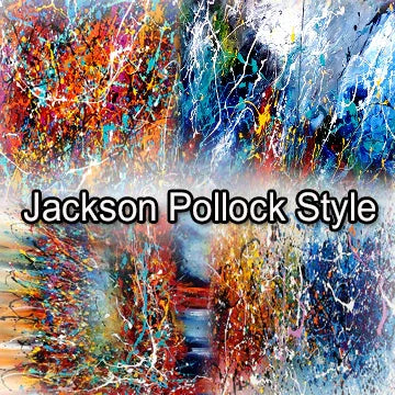 Jackson Pollock inspired paintings showcasing vibrant colors and dynamic abstract designs in a drip painting style.