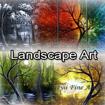 Colorful landscape art featuring trees and serene nature scenes in various vibrant styles.