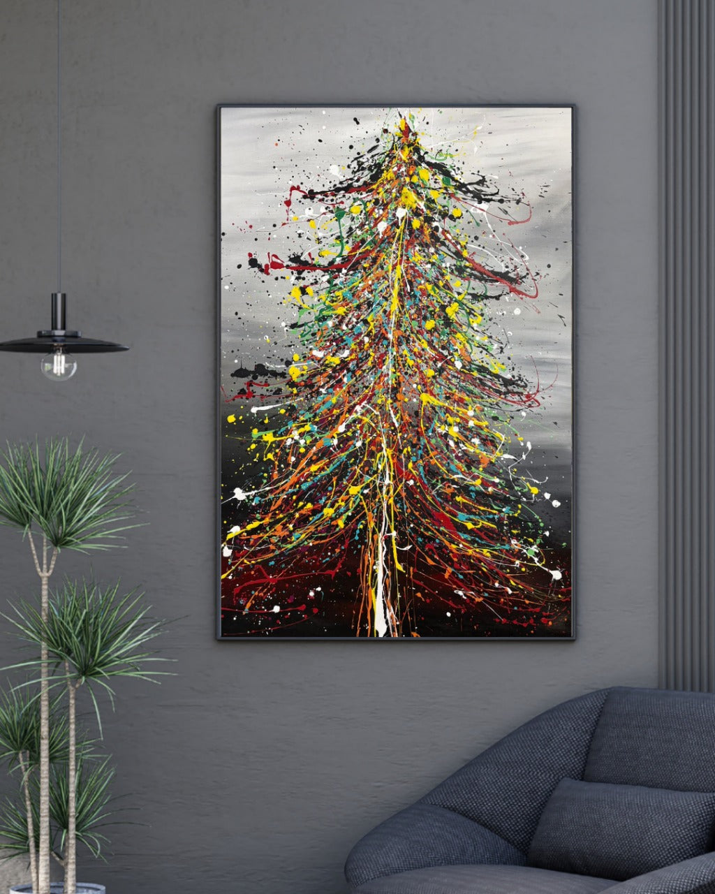 Large modern wall art featuring a colorful Christmas Tree Painting for living room decor.