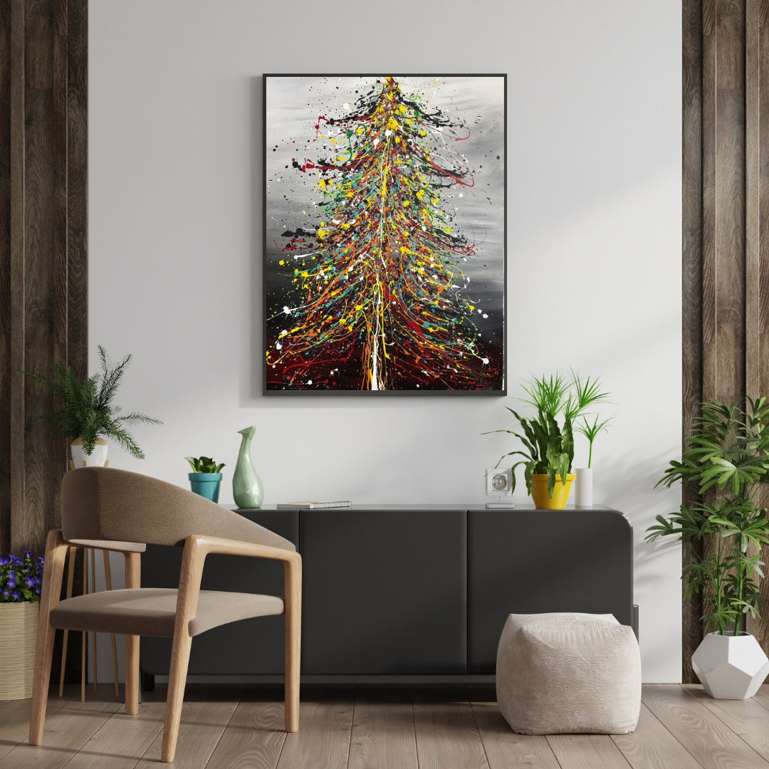 Large modern wall art featuring a Christmas Tree Painting in a stylish living room setting.