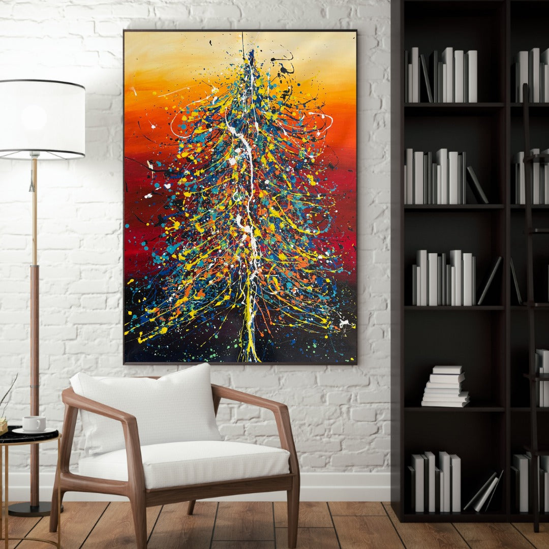 Colorful Christmas Tree Art on canvas, hand-painted modern holiday decor for festive home styling by Maitreyii.