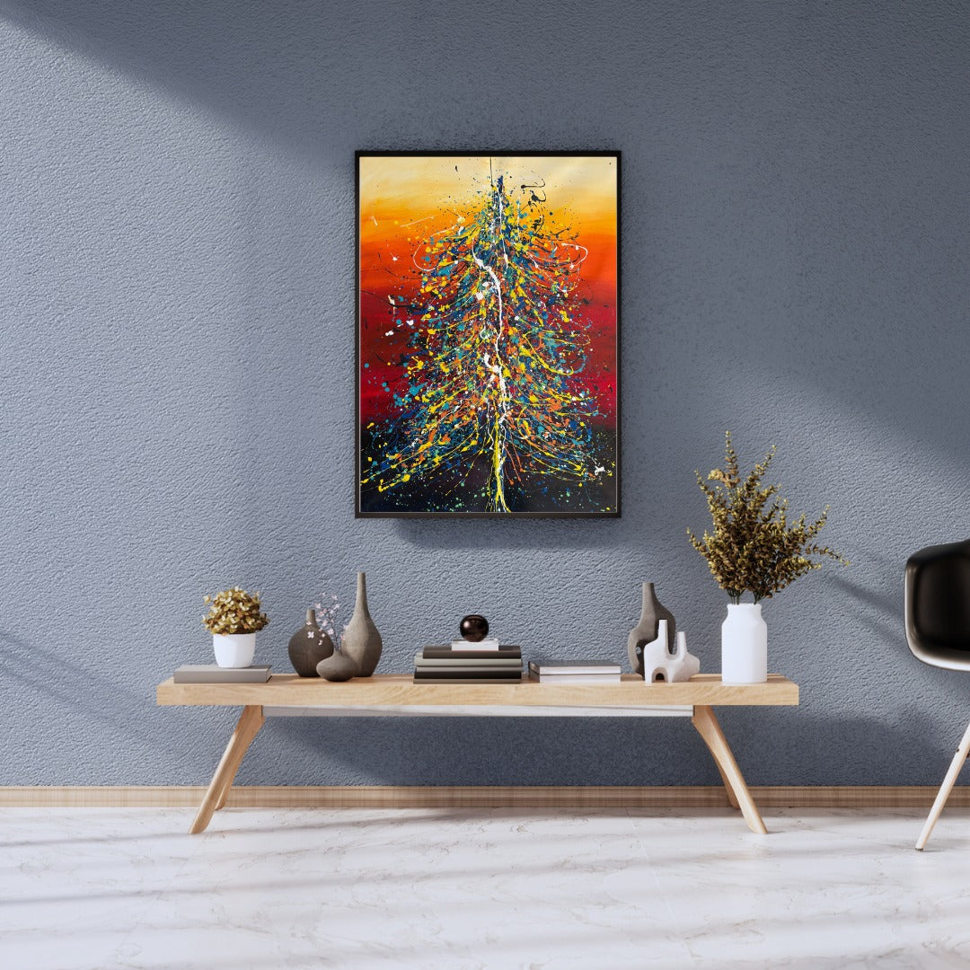 Hand-painted Christmas Tree Art in modern home decor, featuring vibrant colors and textured brushstrokes.