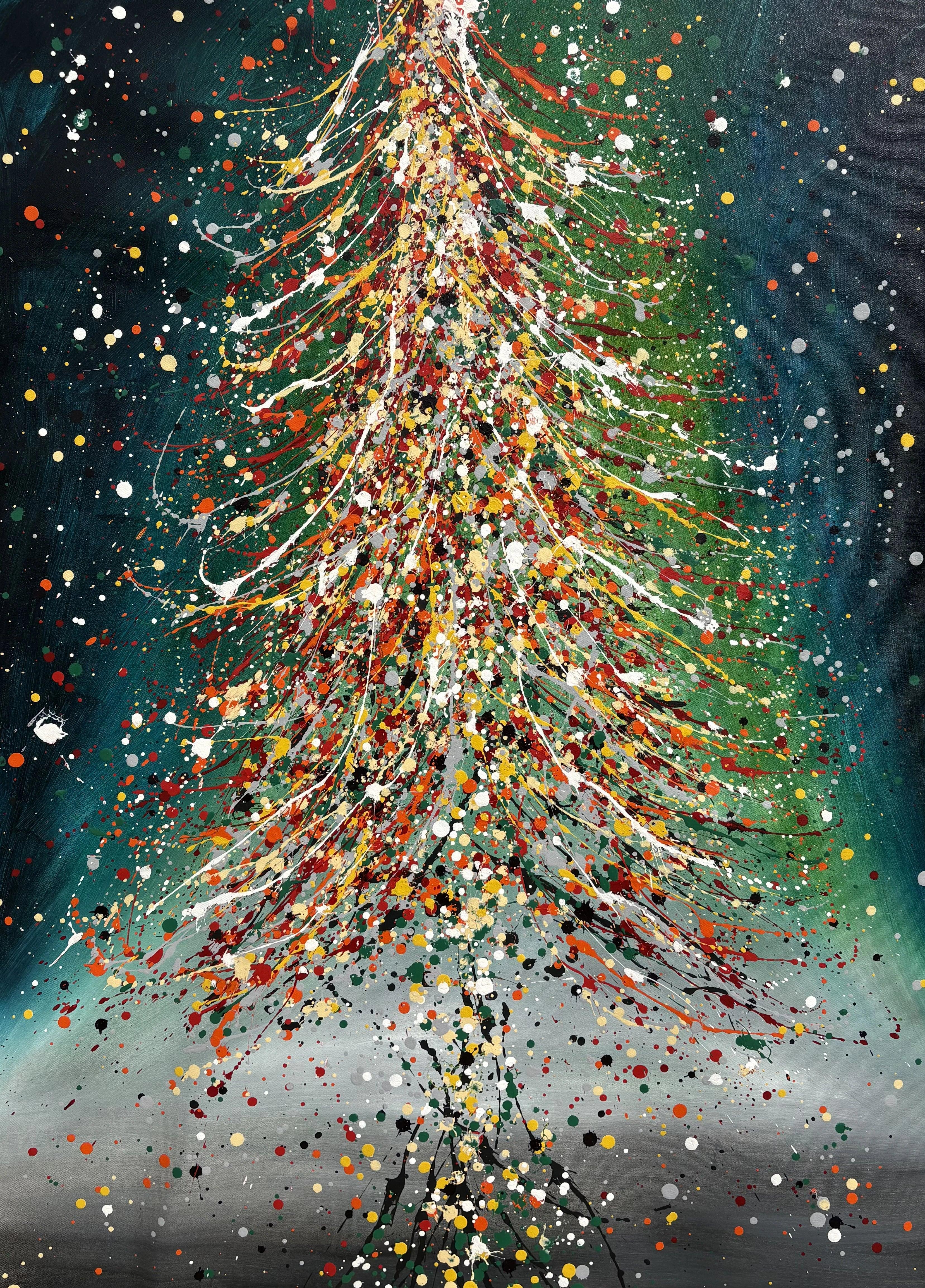 Alt Tag: Christmas Tree Painting | Hand Painted Modern Art - Christmas Tree 6 textured abstract Christmas tree with festive colors and shimmer accents