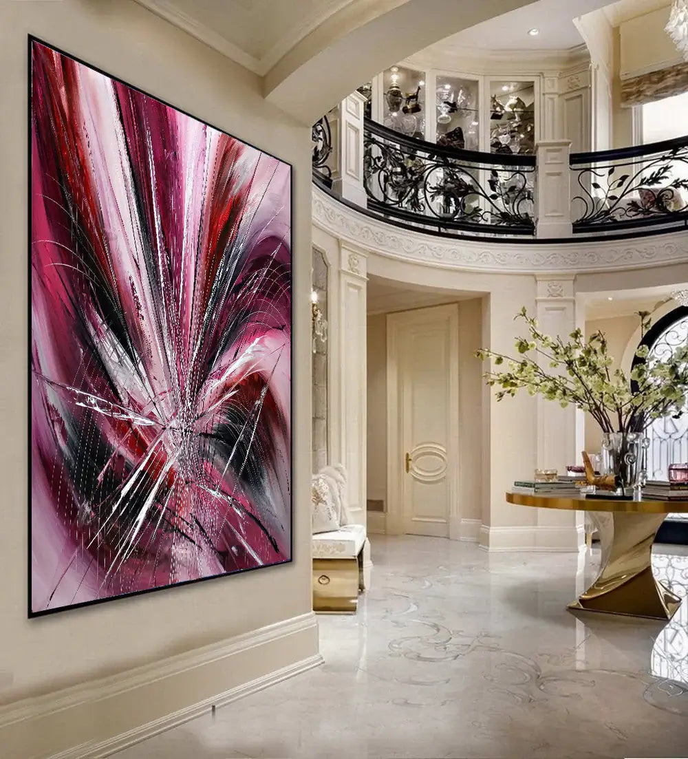 Original Art Paintings Pink Passion Abstract Painting displayed in an elegant living room setting.