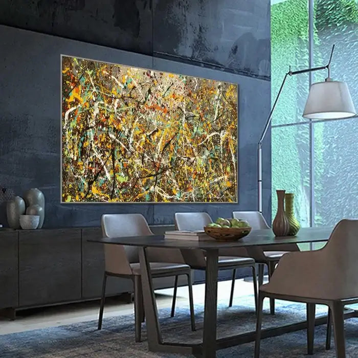 Alt Tag: Painting Art Vintage Style Jackson Pollock-inspired abstract splatter canvas in modern dining room wall decor Vintage Beauty 126