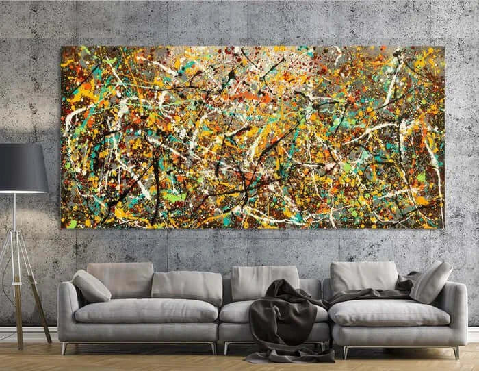 Painting Art Vintage Style Vintage Beauty 126 Jackson Pollock-inspired abstract splatter painting canvas wall art above sofa