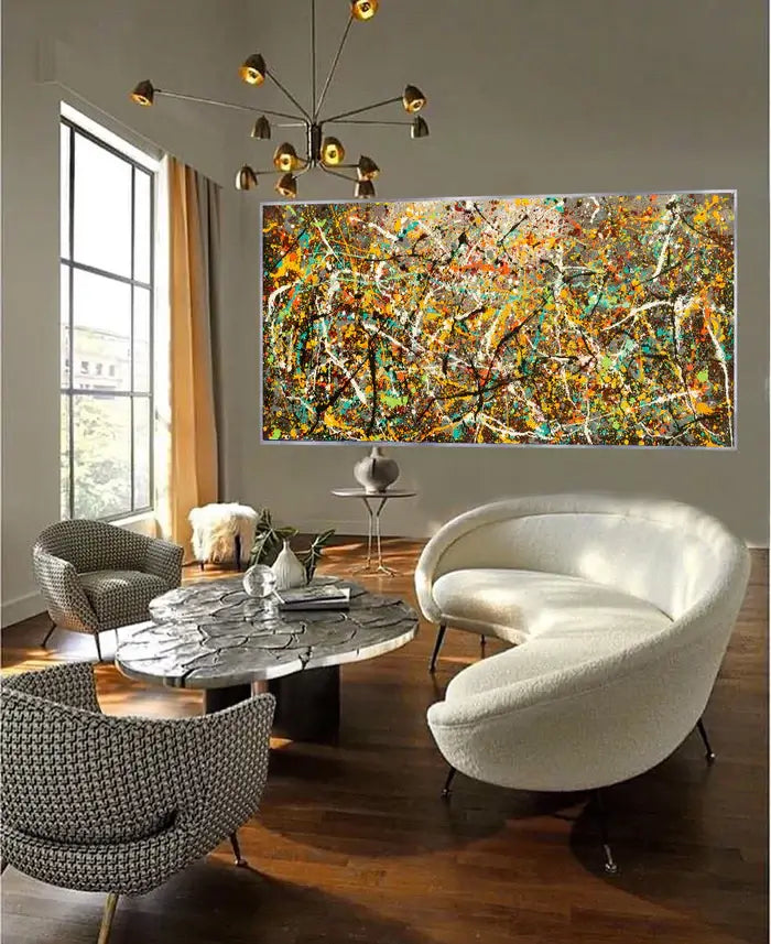 Alt Tag: Painting Art Vintage Style Jackson Pollock abstract splatter canvas wall art in modern living room decor - Vintage Beauty 126