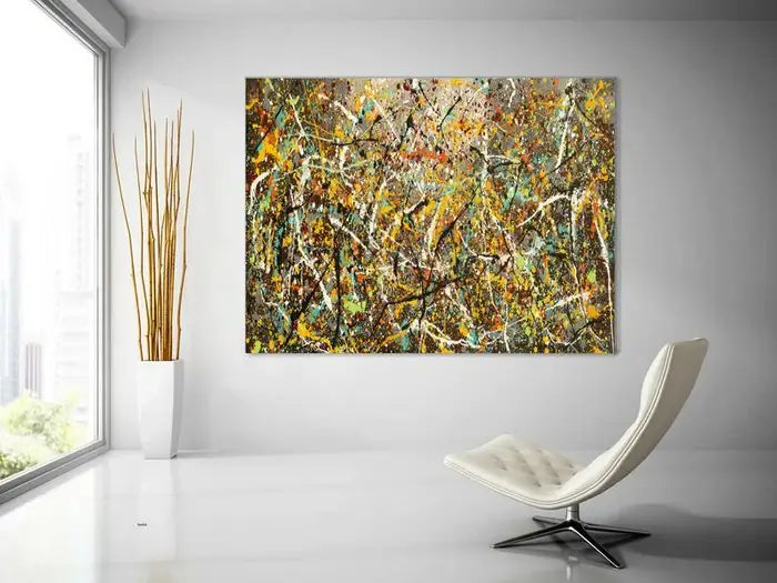 Alt Tag: Painting Art Vintage Style abstract drip painting wall art in modern living room, Vintage Beauty 126 Jackson Pollock inspired handmade artwork