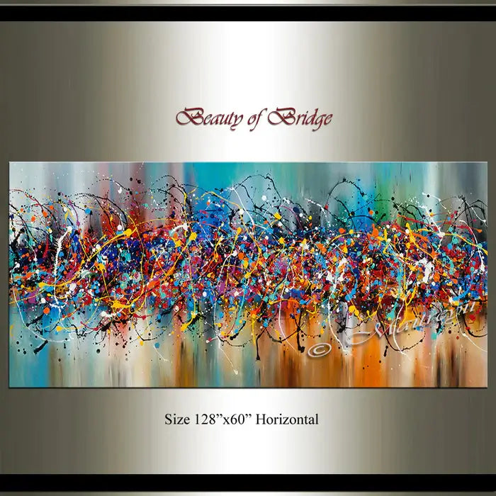 Jackson Pollock Style abstract painting titled Beauty of Bridge, featuring vibrant colors and dynamic brushstrokes.