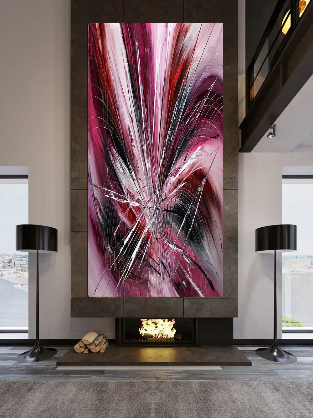 Original Art Paintings - Pink Passion Abstract Painting displayed in a modern living room with a fireplace.