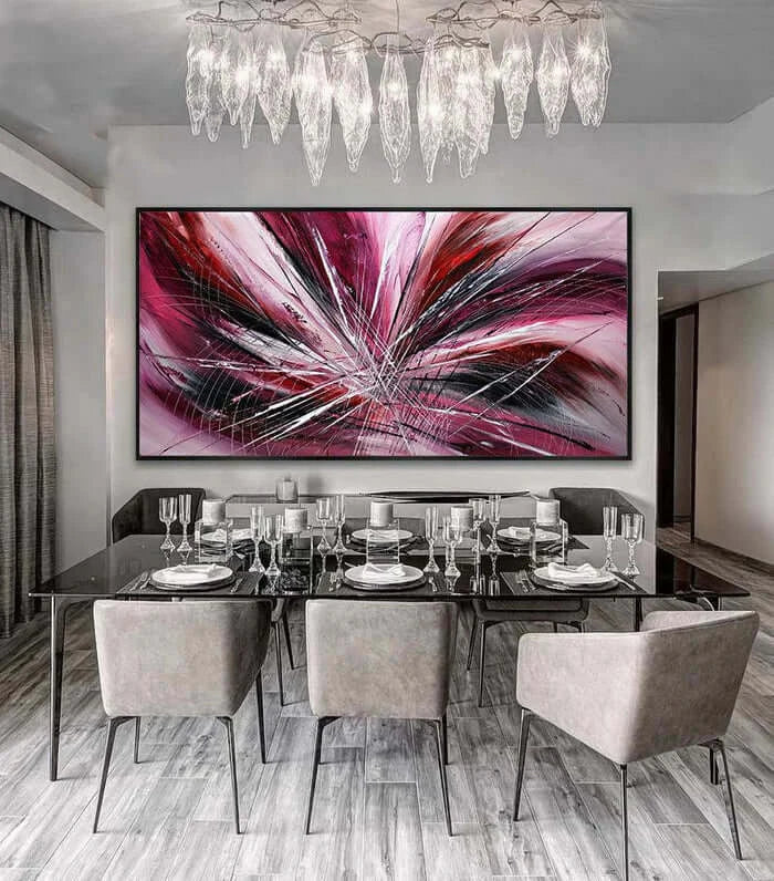 Original Art Paintings - Pink Passion Abstract Painting displayed in modern dining room decor.