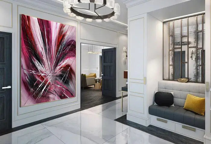 Original Art Paintings displayed in a modern living room featuring Pink Passion abstract painting.