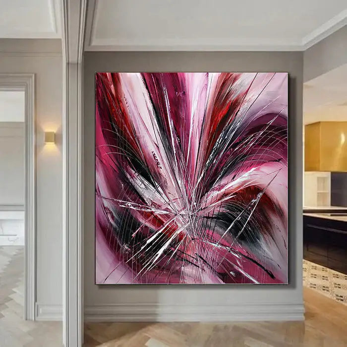 Original Art Paintings - Pink Passion Abstract Painting displayed in a modern living room showcasing vibrant colors.