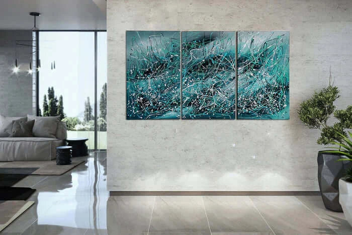Modern Abstract Art painting displayed in a contemporary living room, enhancing elegance and style.