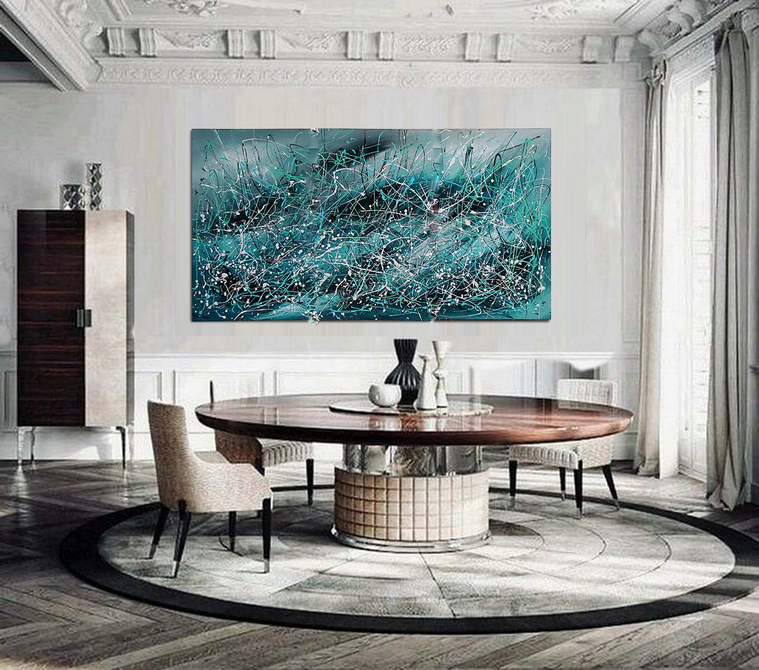 Jackson Pollock Style large Wall Art – Oceanic reflections in a modern living room setting