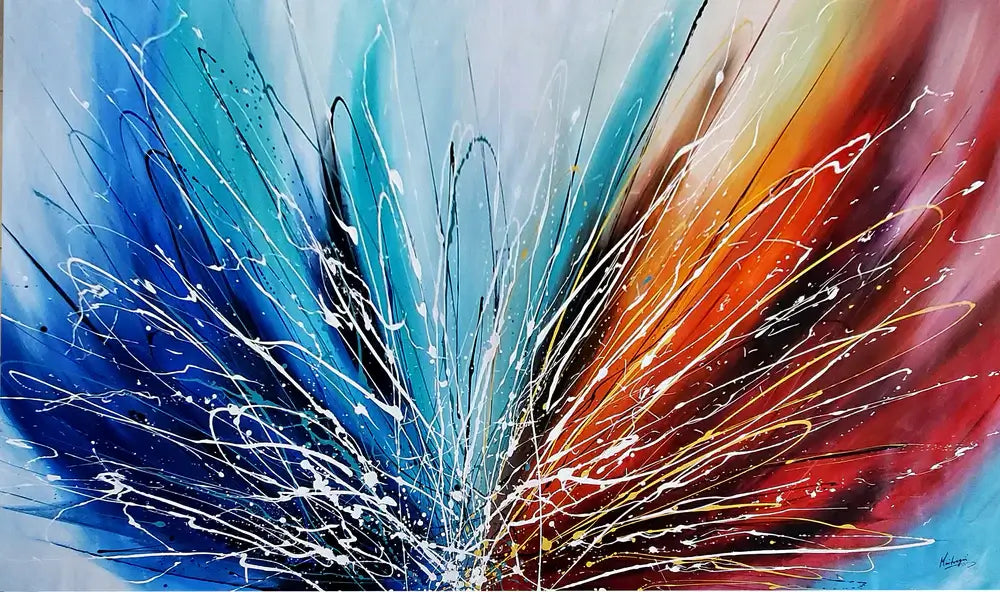 Christmas Holiday Decor - vibrant abstract painting with blue and orange hues, perfect festive wall art for the holidays.