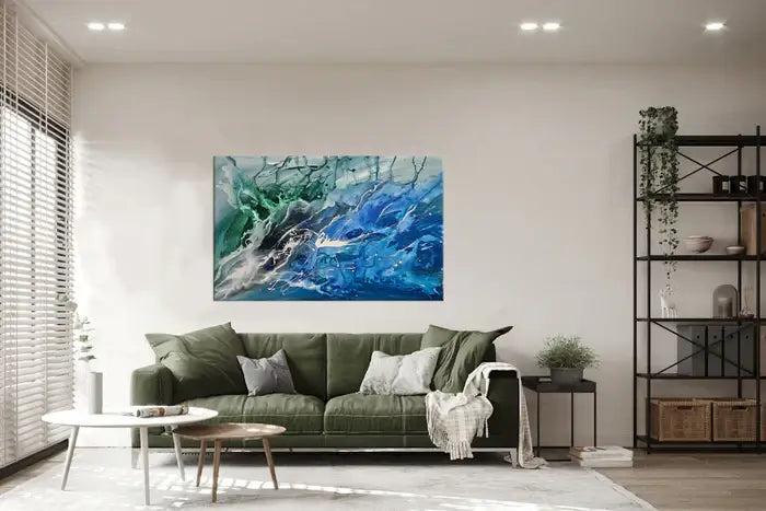 Blue Abstract Painting | Modern Textured Canvas Wall Art - Blue Rhythm displayed in a stylish living room setting.