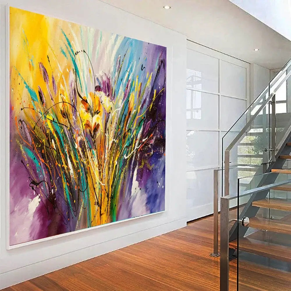 Yellow Flower Abstract Painting Original Contemporary Purple Fine Art on Canvas Federations by Maitreyii- MADE-TO-ORDER - LargeModernArt