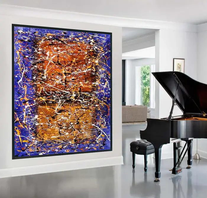 Wall Art Jackson Pollock - Abstract drip painting on display in a stylish modern interior with a piano.