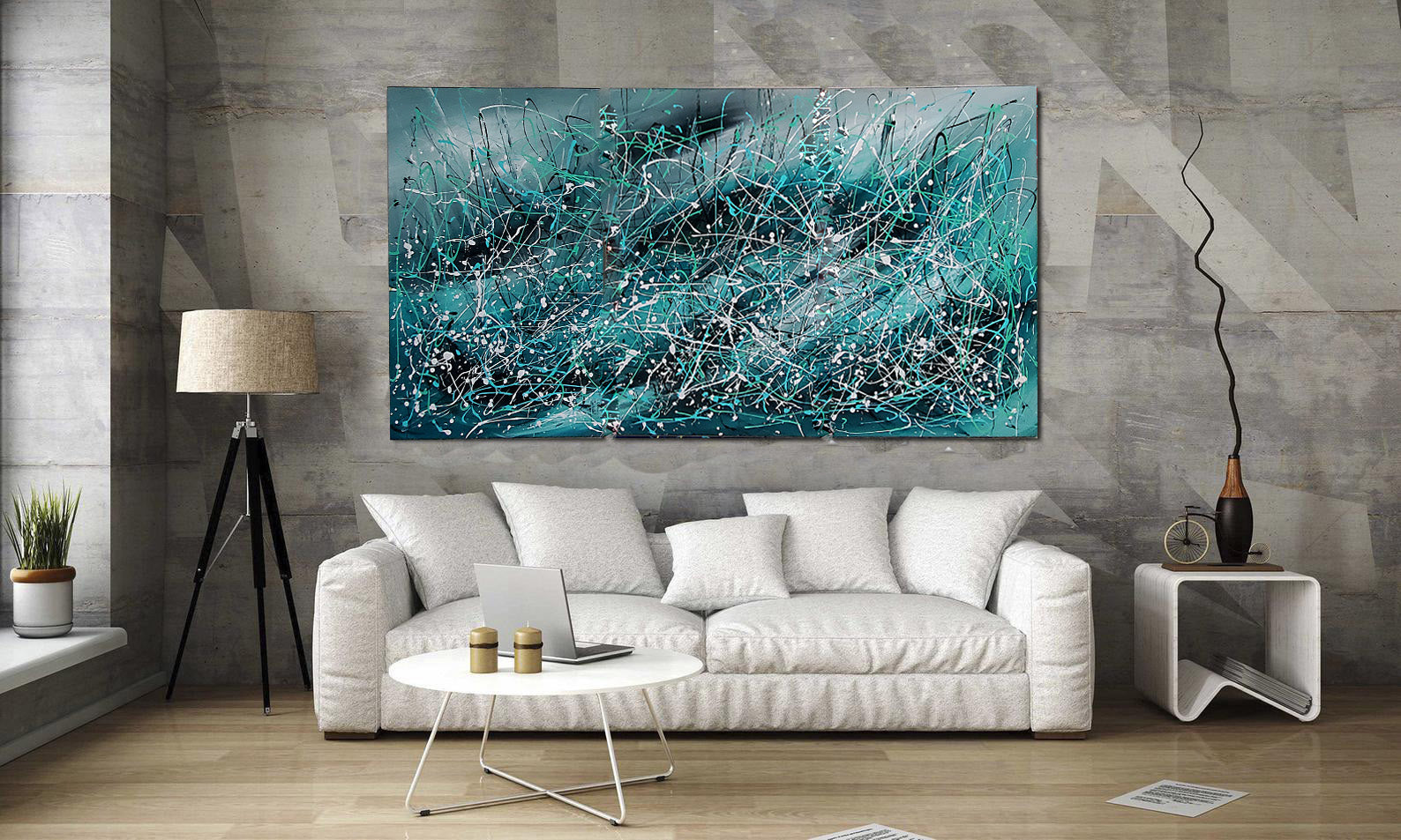 Jackson Pollock Style large Wall Art – Oceanic reflections in a modern living room setting with white furniture.