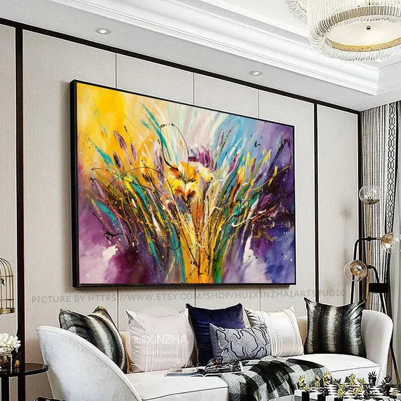 Yellow Flower Abstract Painting Original Contemporary Purple Fine Art on Canvas Federations by Maitreyii- MADE-TO-ORDER