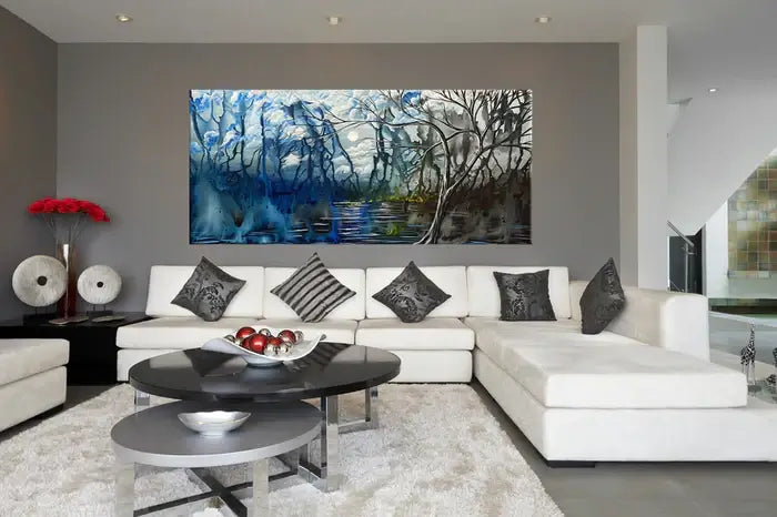 Abstract Landscape Painting featured on a modern wall in a stylish living room with contemporary furniture.