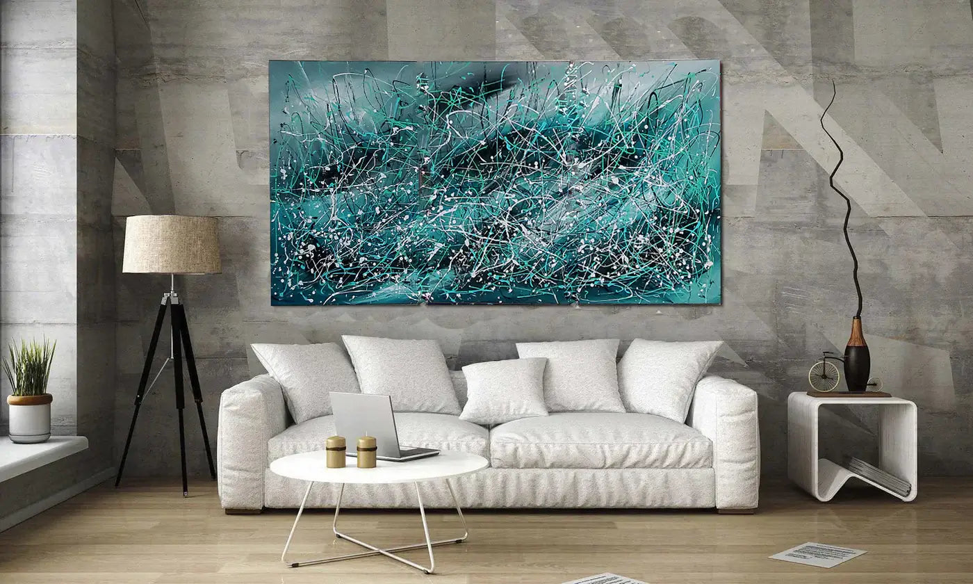 Christmas Home Decor Abstract Wall Art showcased in a modern living room with a white sofa and stylish decor.