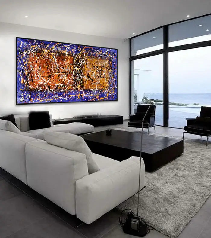 Wall Art Jackson Pollock displayed in a modern living room with large windows and contemporary furniture.