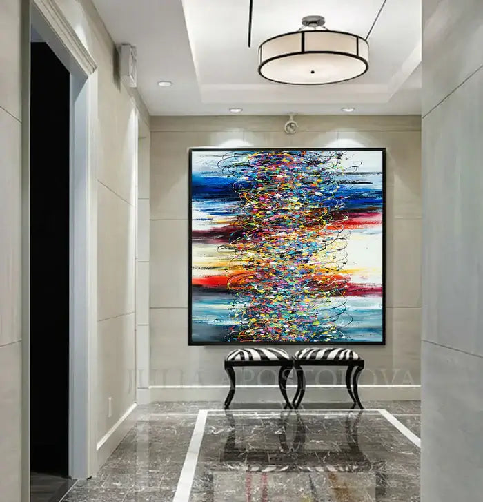 Abstract Angel Paintings displayed in a modern hallway with contemporary decor and vibrant colors.