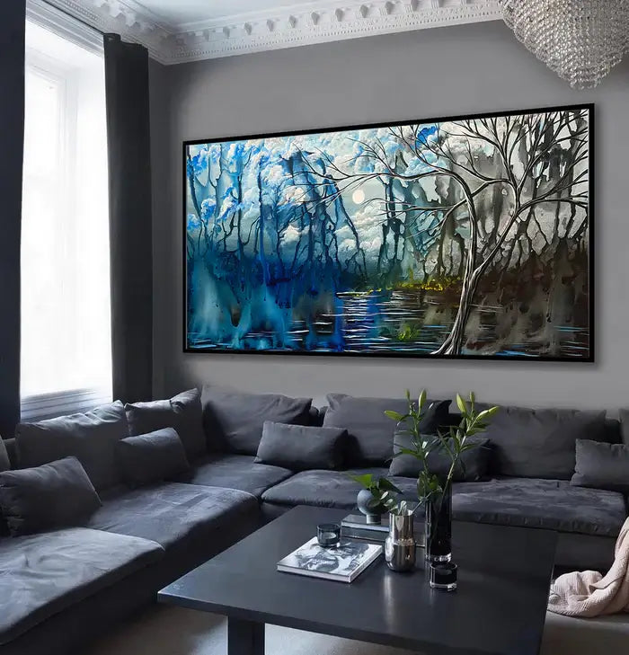 Abstract Landscape Painting showcased in a modern living room with gray furniture and natural light.