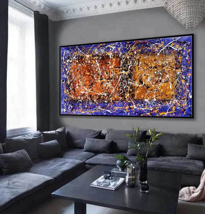 Wall Art Jackson Pollock - Abstract drip painting in a modern living room setting, showcasing vibrant colors and expressive design.