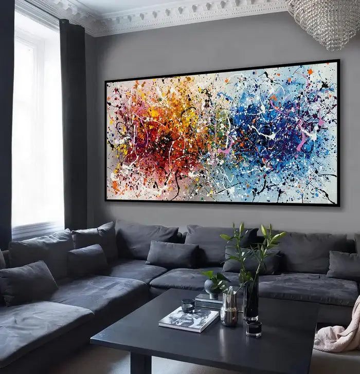 Hand-painted canvas wall art featuring vibrant colors and abstract design, enhancing modern interior decor.