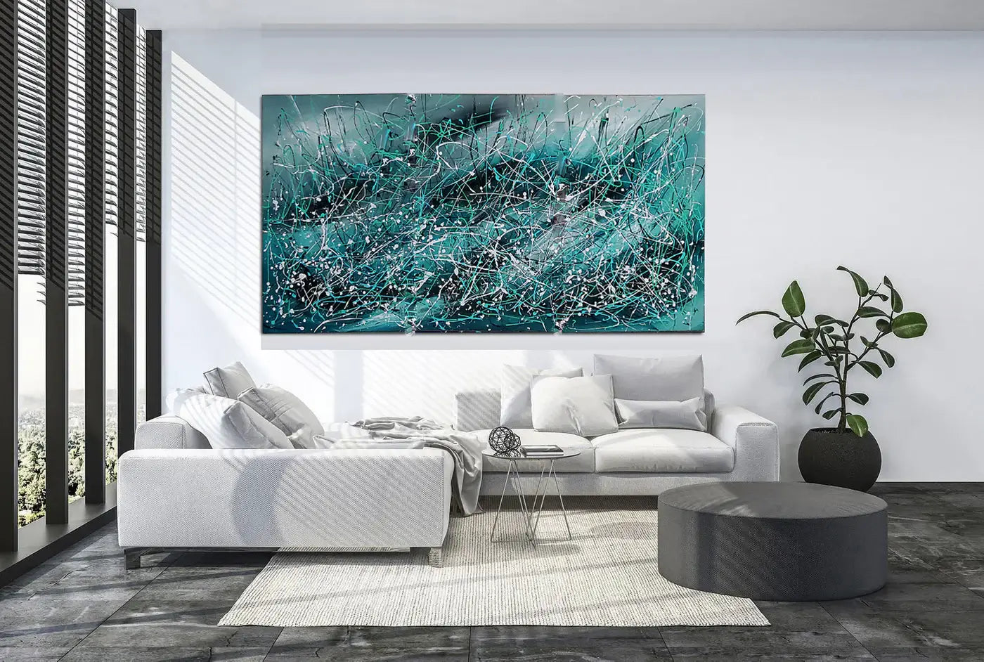 Christmas Home Decor Abstract Wall Art displayed in a modern living room, showcasing oceanic beauty and vibrant colors.
