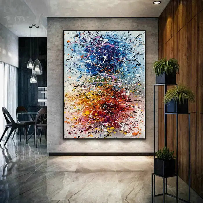 Vibrant hand-painted canvas wall art featuring an explosion of colors, ideal for modern interior decor.