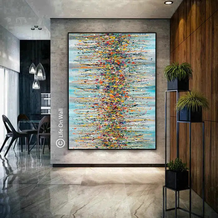 Jackson Pollock canvas art displayed in a modern interior, showcasing bold abstract expressionism.