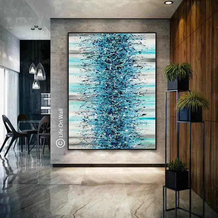 Jackson Pollock Blue Painting showcased in a modern interior, highlighting abstract drip art and vibrant blue hues.