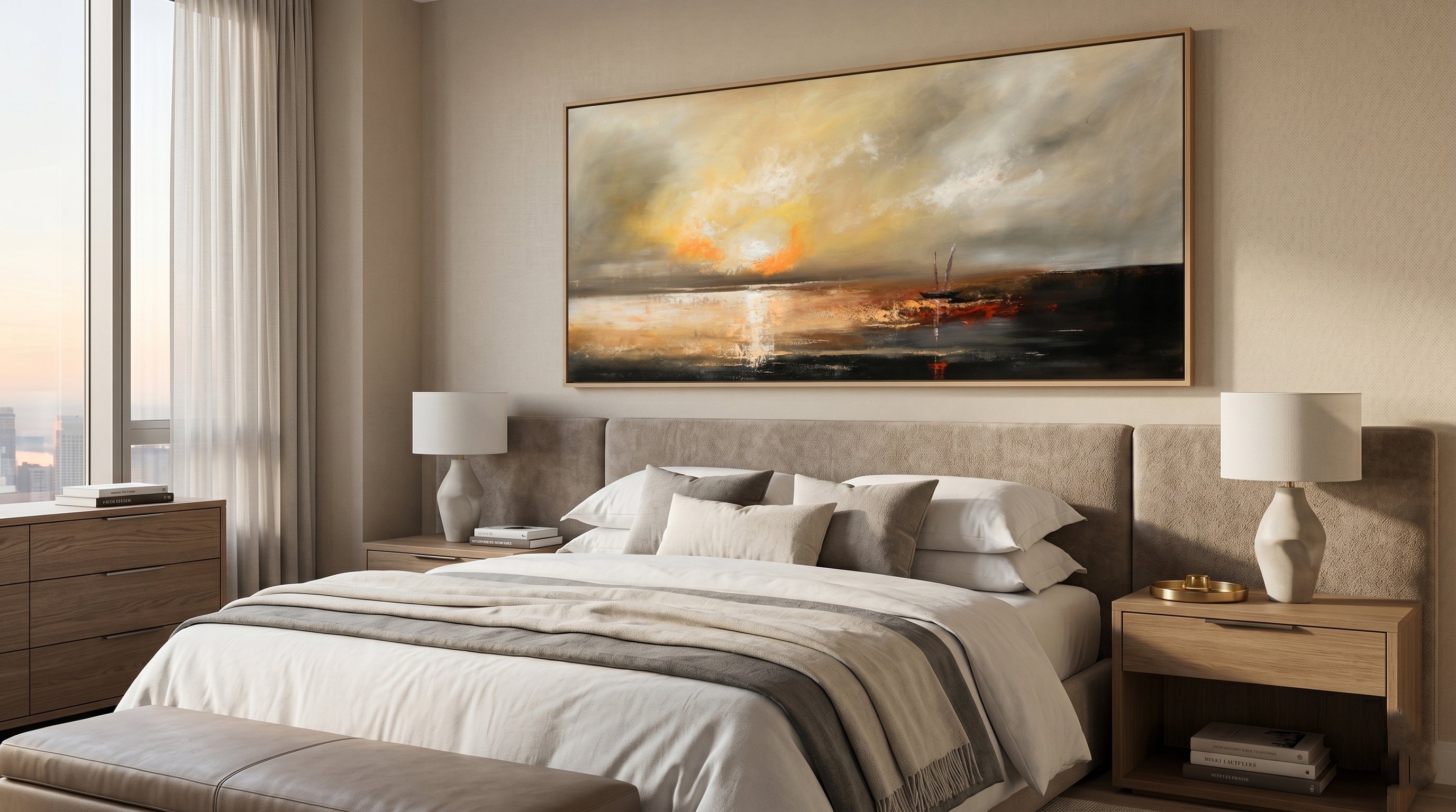 Modern bedroom with a large bed, nightstands, and a scenic painting on the wall.