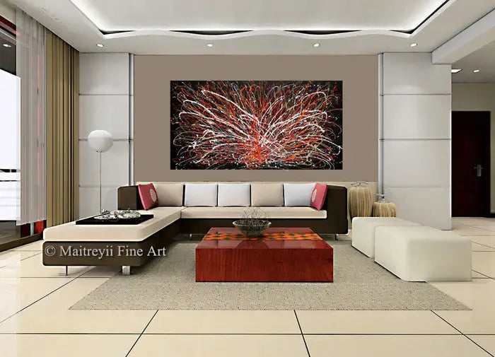 Jackson Pollock Art in modern living room, showcasing handmade abstract painting by Maitreyii Fine Art.