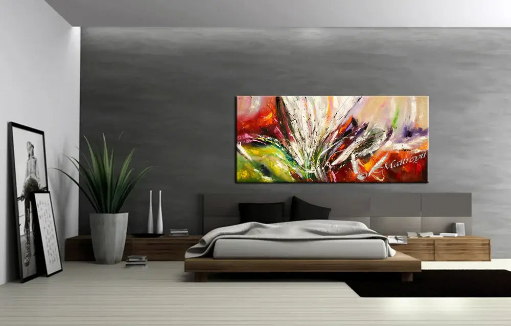 Beautiful Abstract Painting displayed in a modern bedroom, showcasing vibrant colors and dynamic brushstrokes.