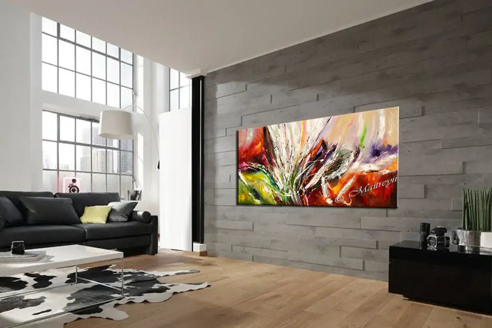 Beautiful Abstract Painting displayed in a modern living room with artistic decor and wooden flooring.