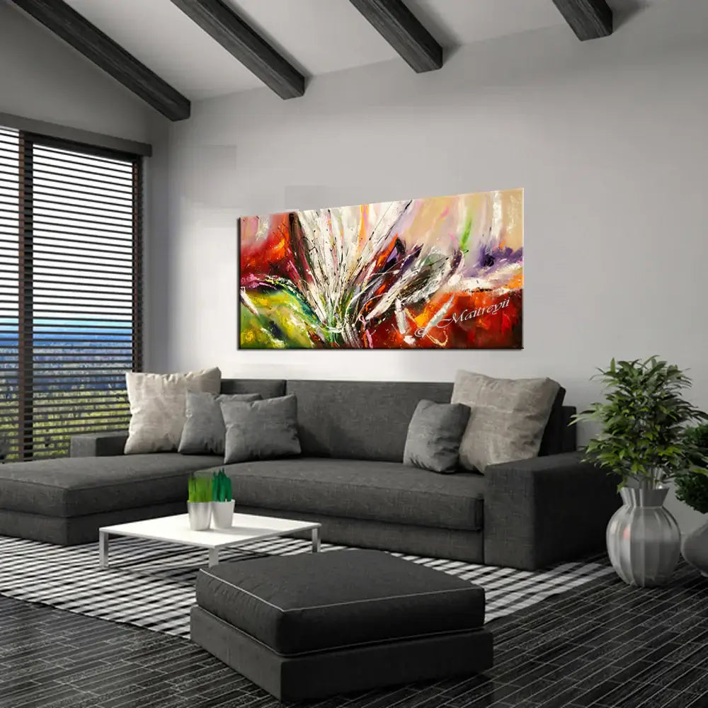 Beautiful Abstract Painting displayed in a modern living room with natural light and stylish furniture.