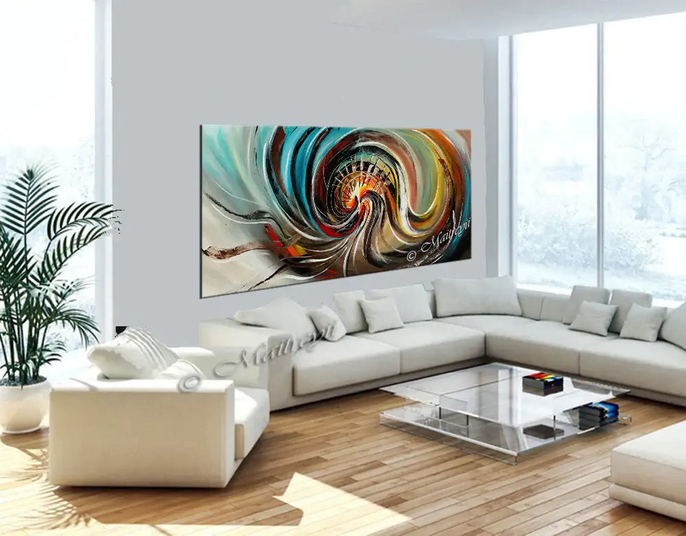 Beautiful Abstract Painting displayed in a modern living room, showcasing vibrant colors and dynamic movement.