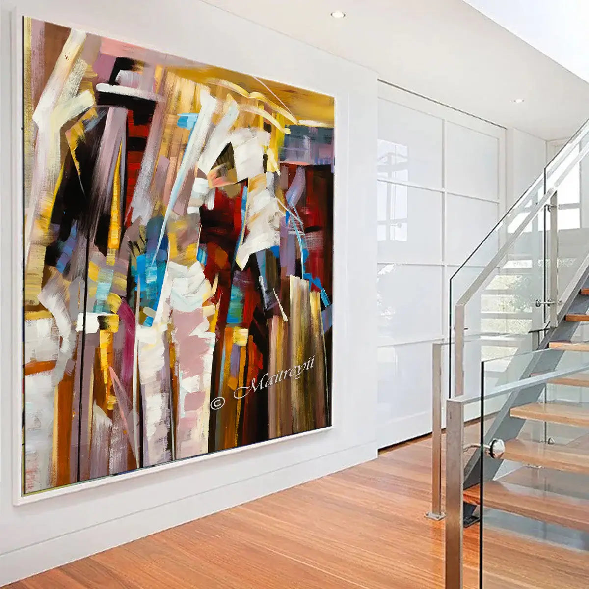 Abstract Modern art painting displayed in a contemporary living space with elegant colors and composition.