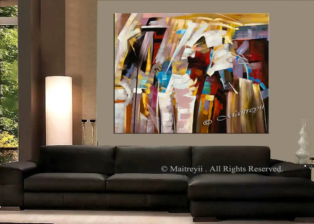 Abstract Modern art painting in a contemporary living room, featuring vibrant colors and bold brushstrokes.