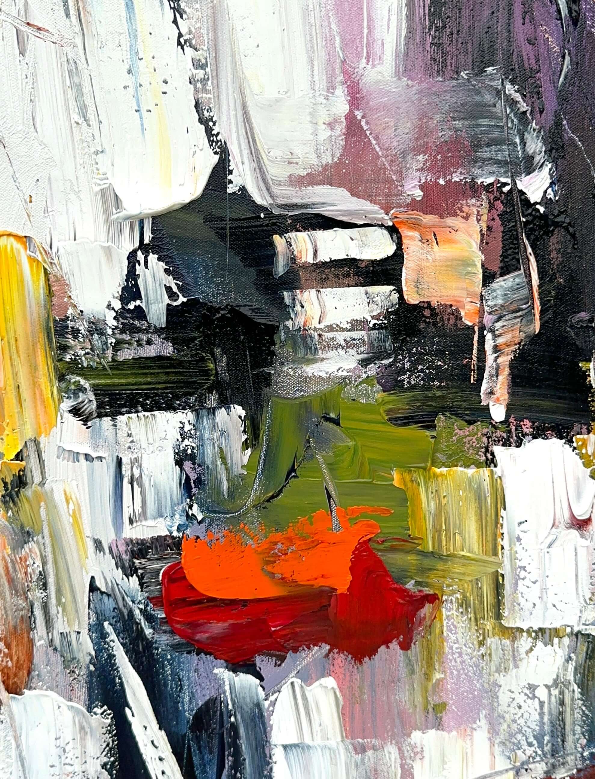 Large Abstract Red and Black Painting featuring vibrant colors and dramatic strokes in a modern art style.