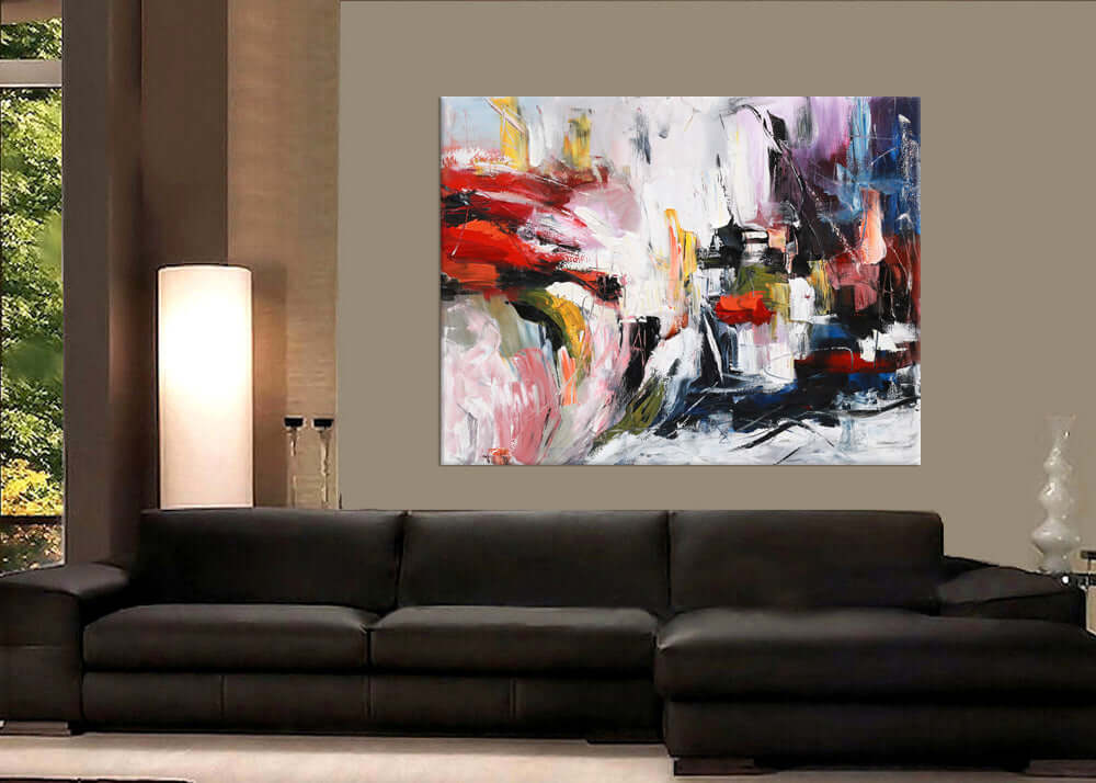 Large Abstract Red and Black Painting displayed in a modern living room with a contemporary sofa.